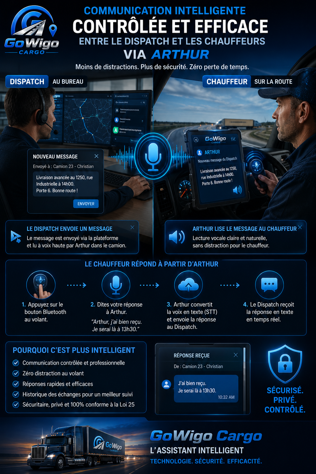 Infographie GoWigo Cargo CB Intercom Arthur : le dispatch envoie un message, Arthur le lit au chauffeur, le chauffeur répond vocalement via bouton Bluetooth